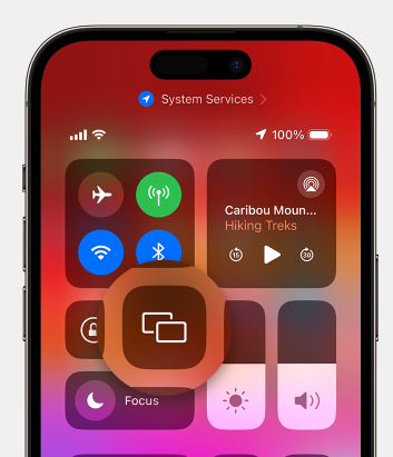 A screenshot shows the "Screen Mirroring" option from the iPhone's Control Center menu.
